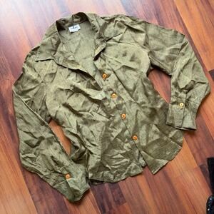 Vintage Beware Olive Green Slub Textured Button Down Blouse Long Sleeve Top